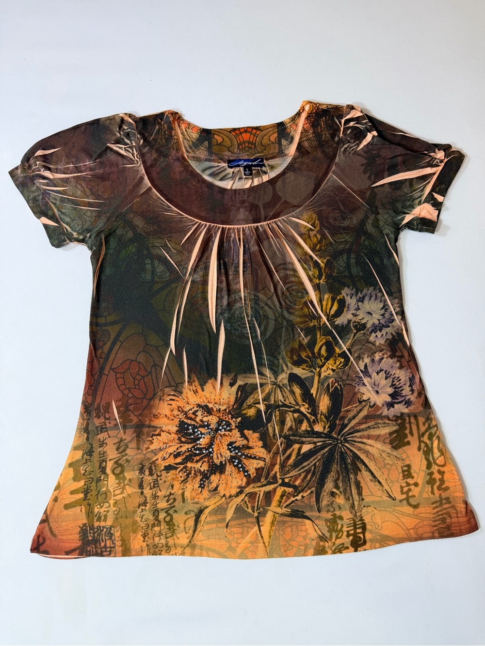 Y2k Vintage Retro Brown Bohemian Blouse Women's Size Small Asian Floral